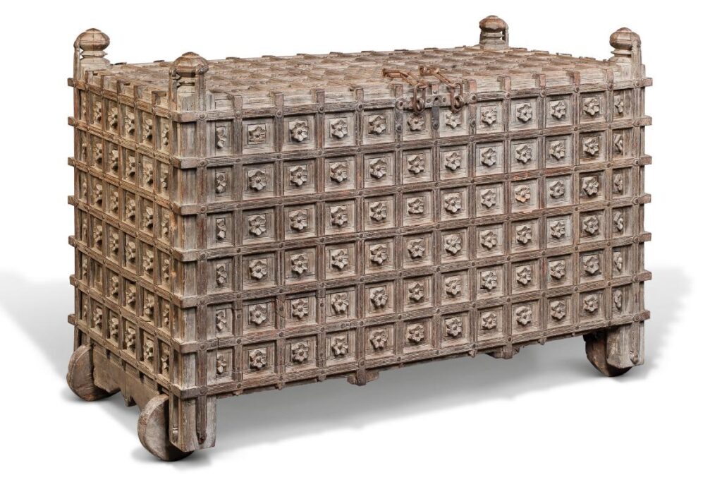 A massive Indian iron-mounted rosewood coffered chest, late 19th century.
