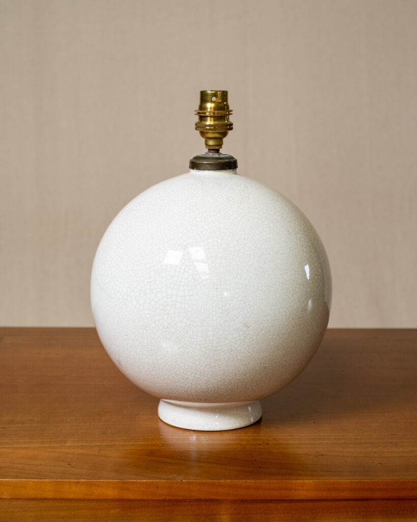 A French white craquelure ceramic ball lamp, mid-20th century.